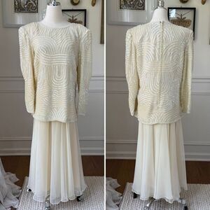 Vintage 80s Joan Leslie Evenings Mix and Match Beaded Top Chiffon Midi Skirt S